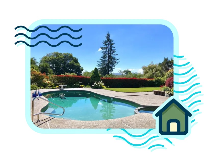 Backyard view of a residential pool with nice lanscaping and a mountain view.
